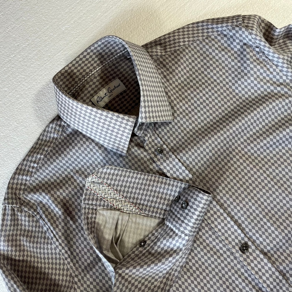 Robert Graham Dress Shirt Mens Size 46 /‎ 17.5 Gray Diamond Classic